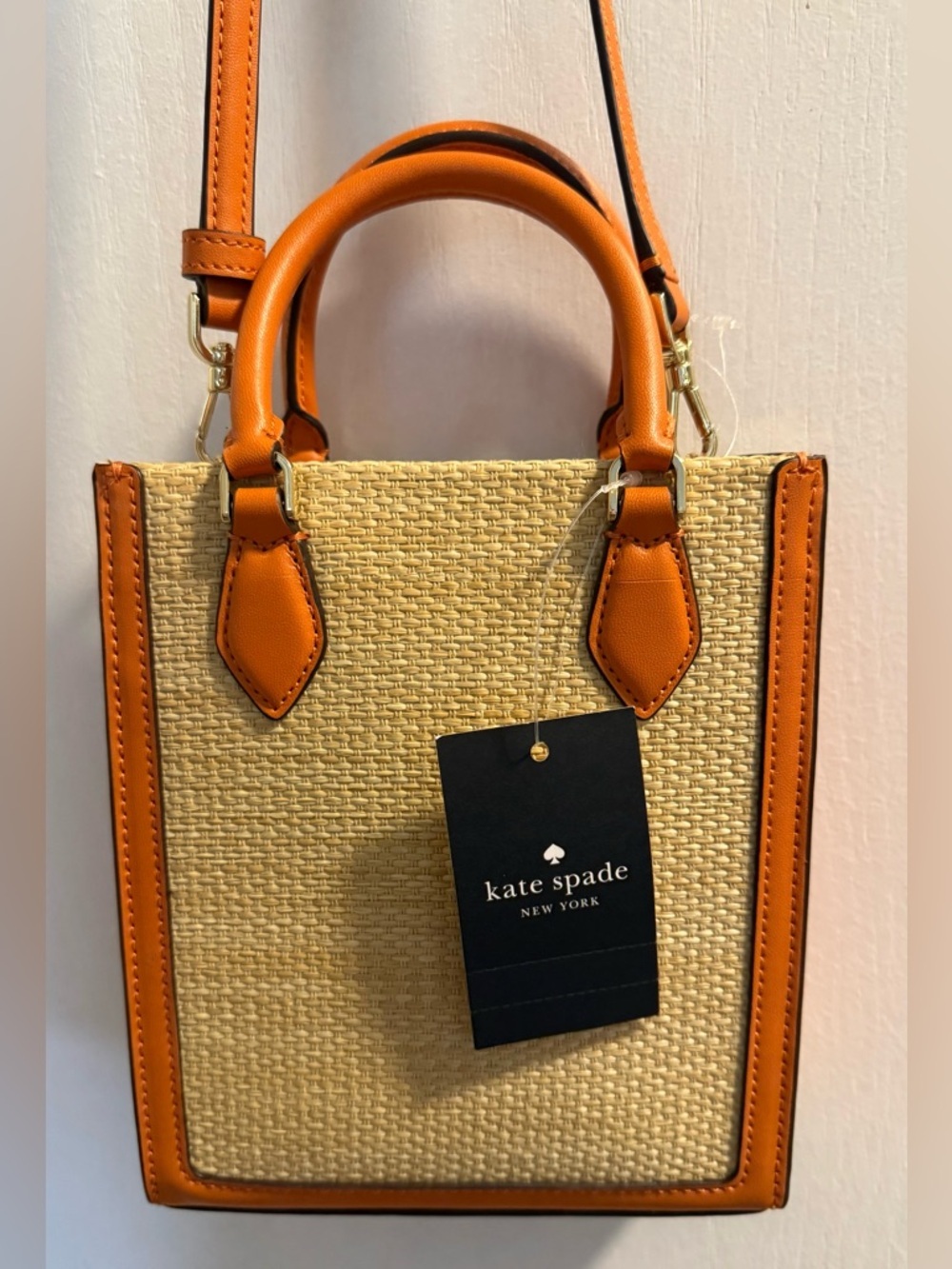 NWT Kate Spade Mini Ellie Tote Orange Leather with Tan Straw Canvas - Picture 4 of 12